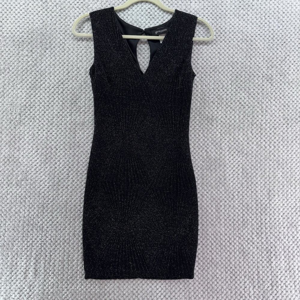 Grayson Dress Women M Black Silver Sparkly Bodycon V-Neck Key-Hole Stretch Lined